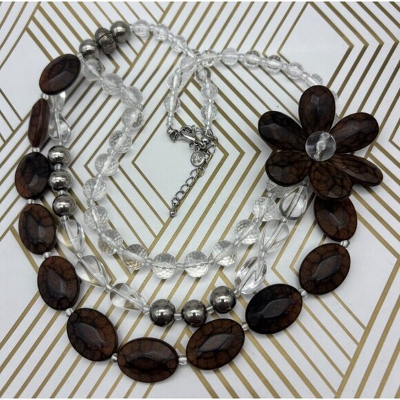 Silver Tone & Brown Bead Collar Statement Necklace Multi Strand Flower Boho - Picture 7 of 10